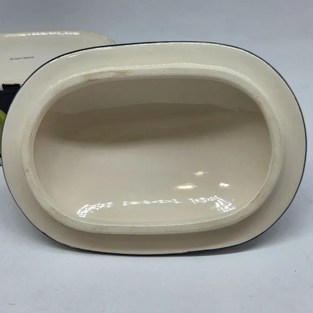 Lynn Morris Studio Pottery Black White Polka Dots Green Pear Covered Dish VGC